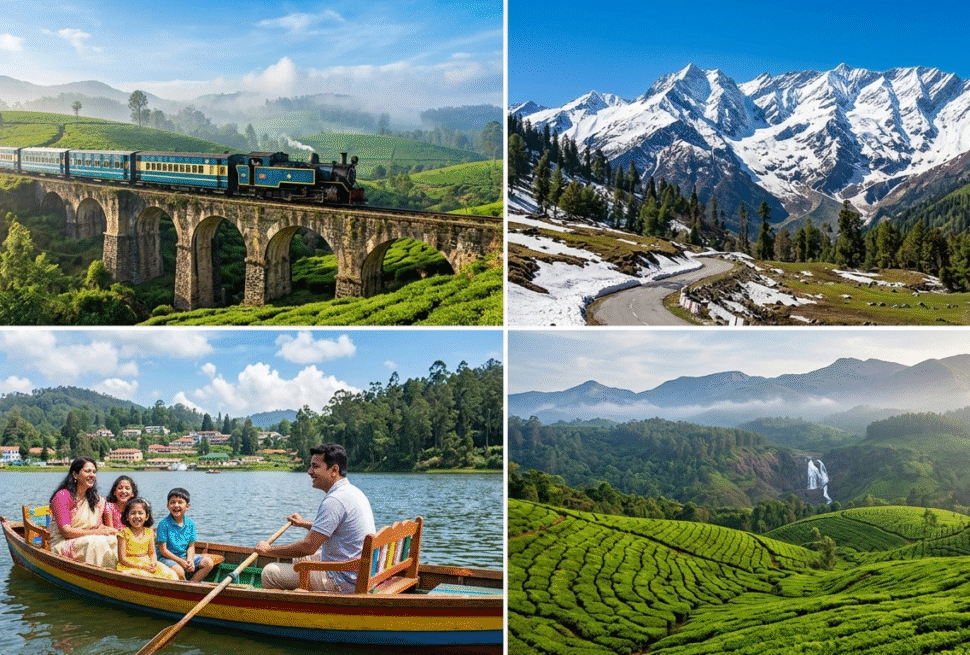 A four-panel collage showcasing diverse Indian travel destinations: a heritage toy train on a stone bridge, snow-capped Himalayan mountain peaks, a family enjoying a boat ride on a serene hill station lake, and lush green tea plantations in the Western Ghats.