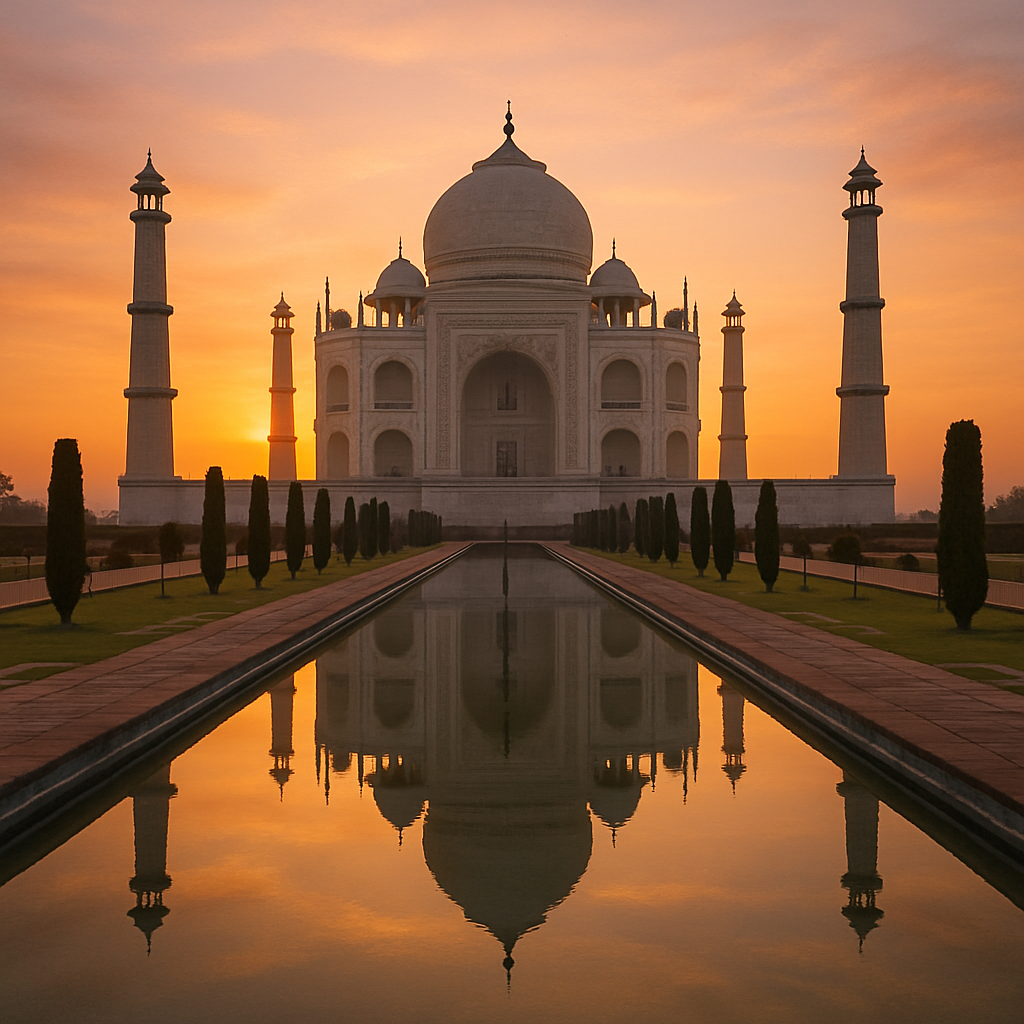 Breathtaking view of the Taj Mahal reflecting in the water at sunrise