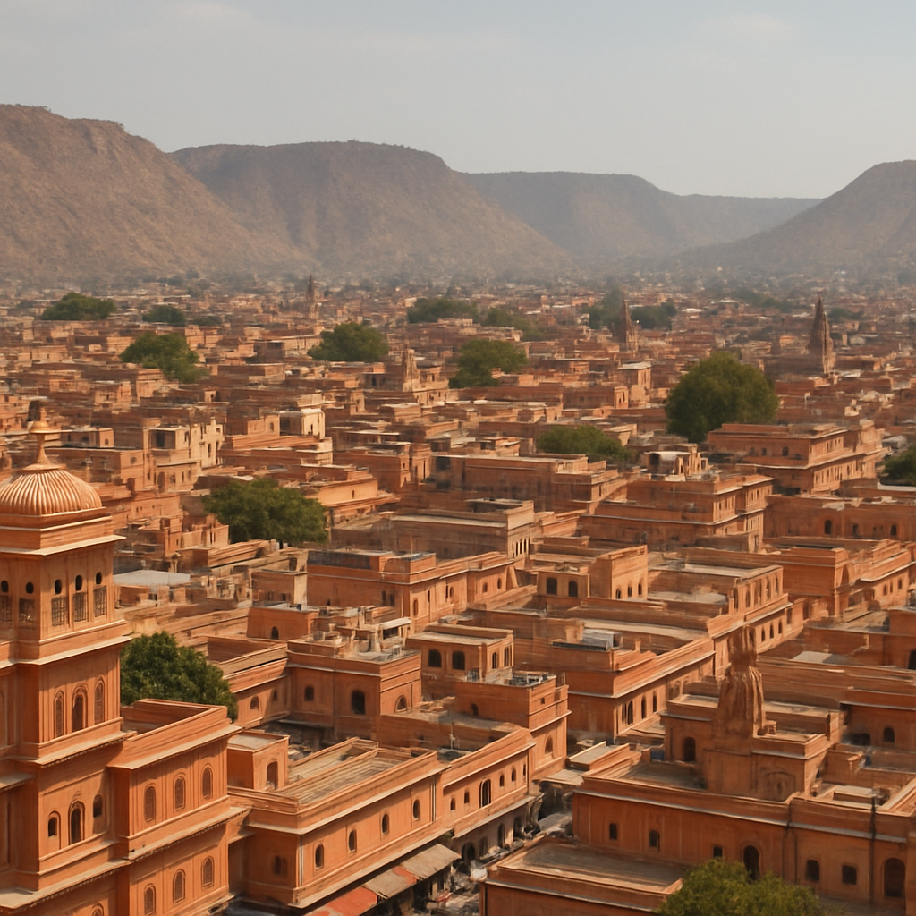 A panoramic view of Jaipur city showing the terracotta pink buildings and Aravalli hills in the background