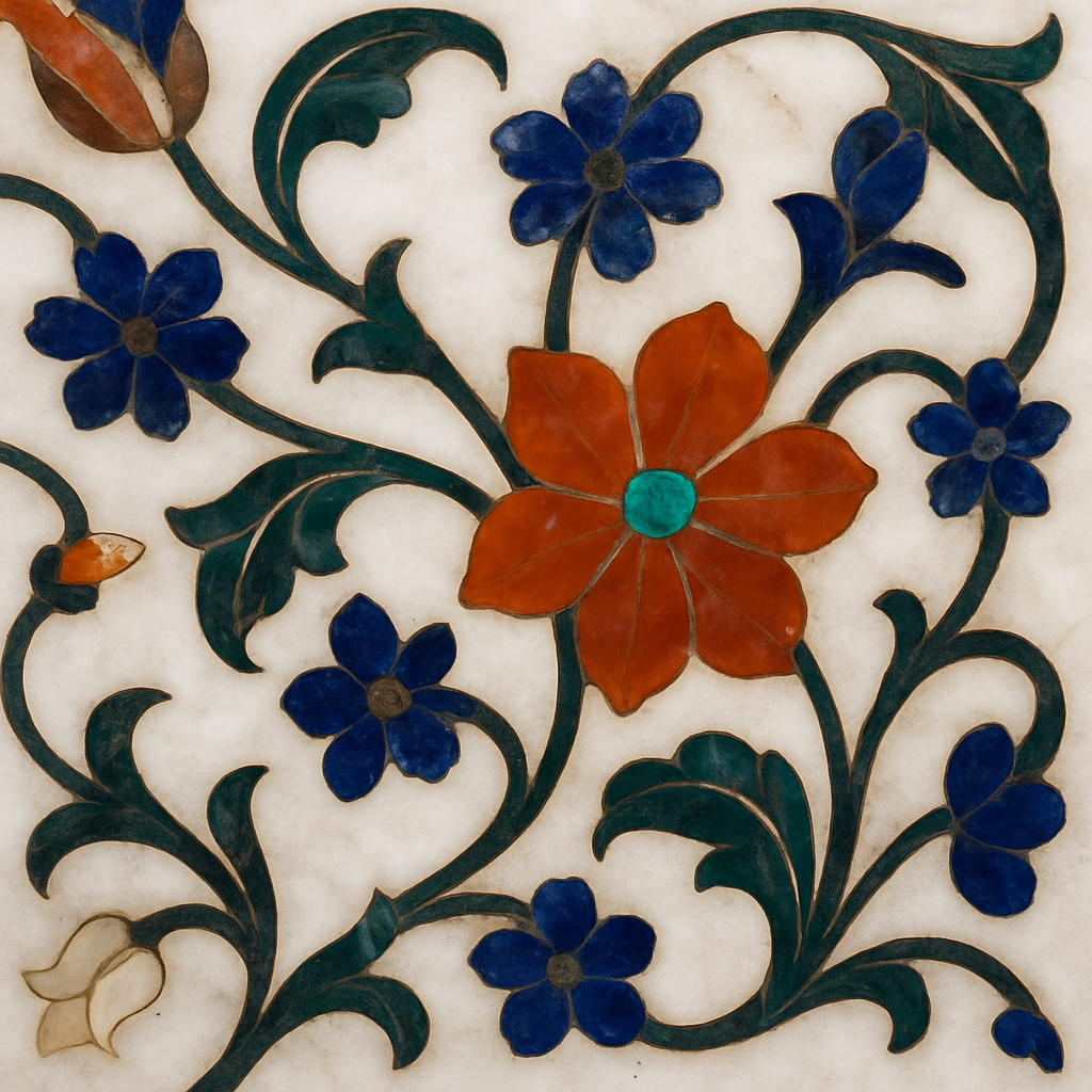 Close up of the intricate Pietra Dura marble inlay work