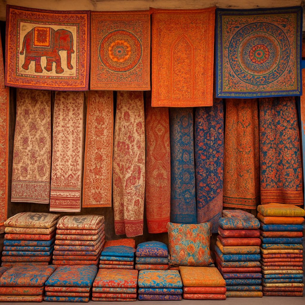 A colorful display of traditional Rajasthani textiles and block-printed fabrics in a Jaipur market