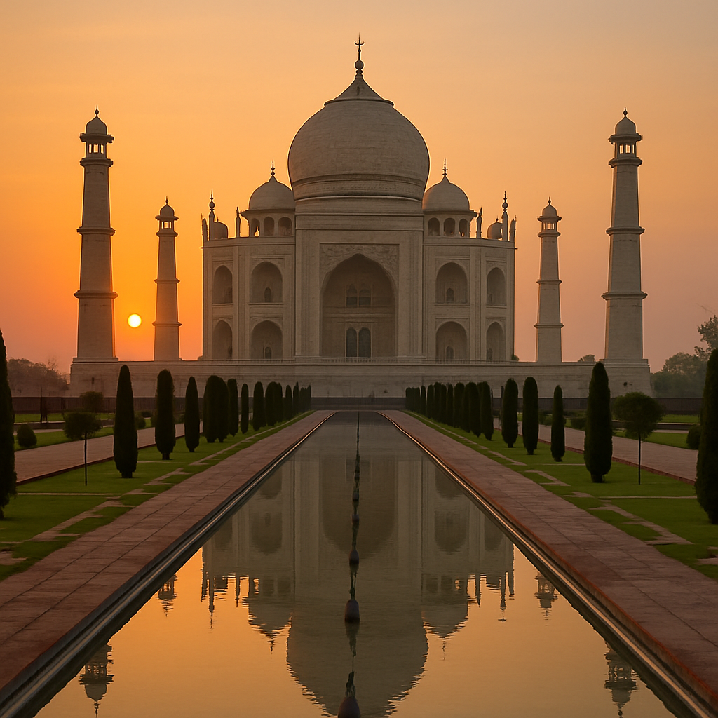 A breathtaking front view of the Taj Mahal at sunrise reflecting in the main water channel in ENGLISH