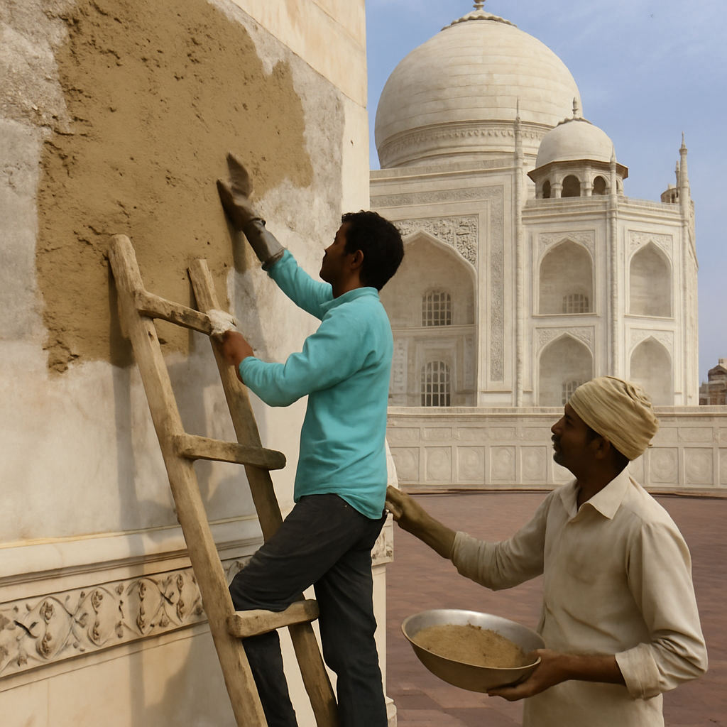 Workers applying mud pack therapy to the white marble of the Taj Mahal for conservation in ENGLISH
