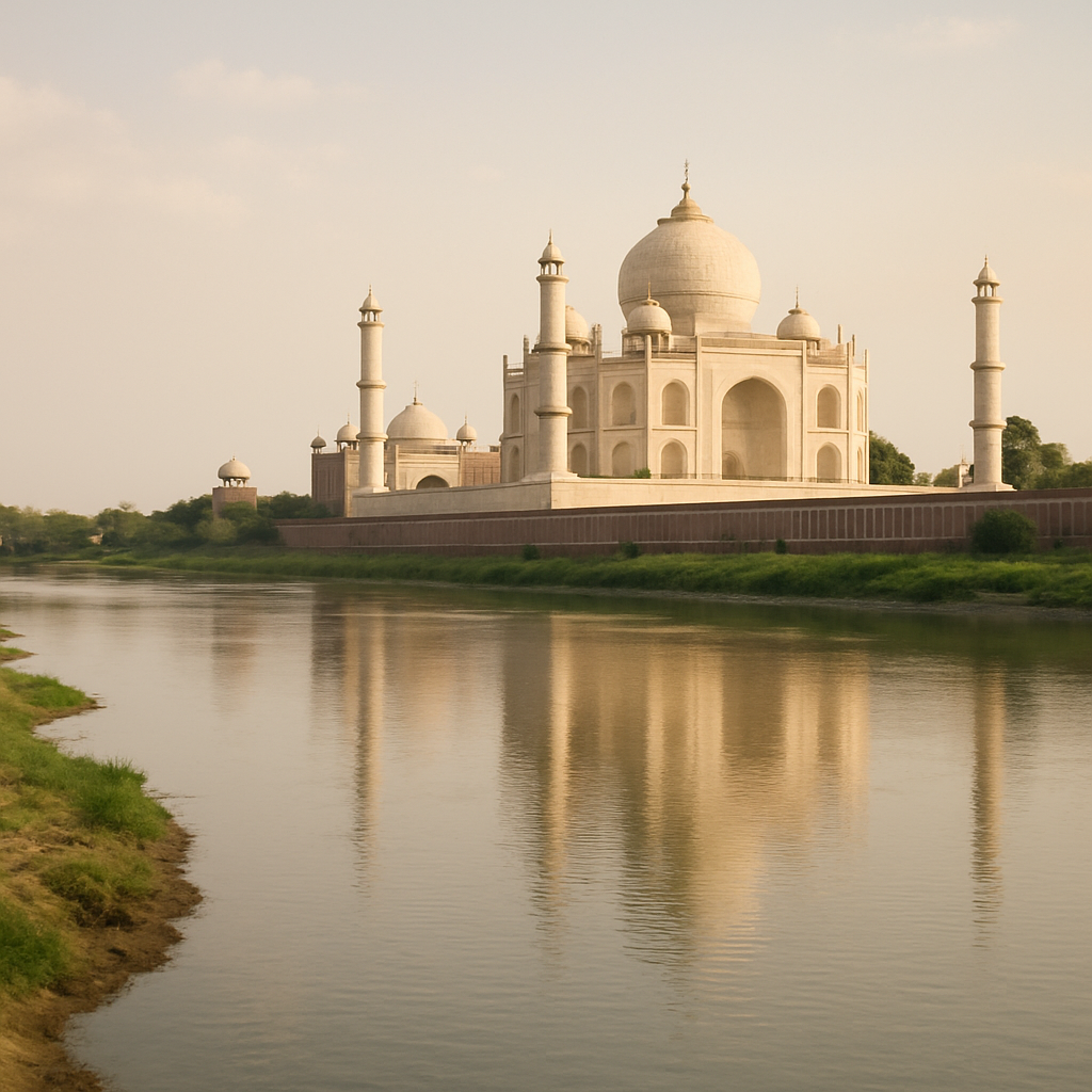 View of the Yamuna River flowing behind the Taj Mahal