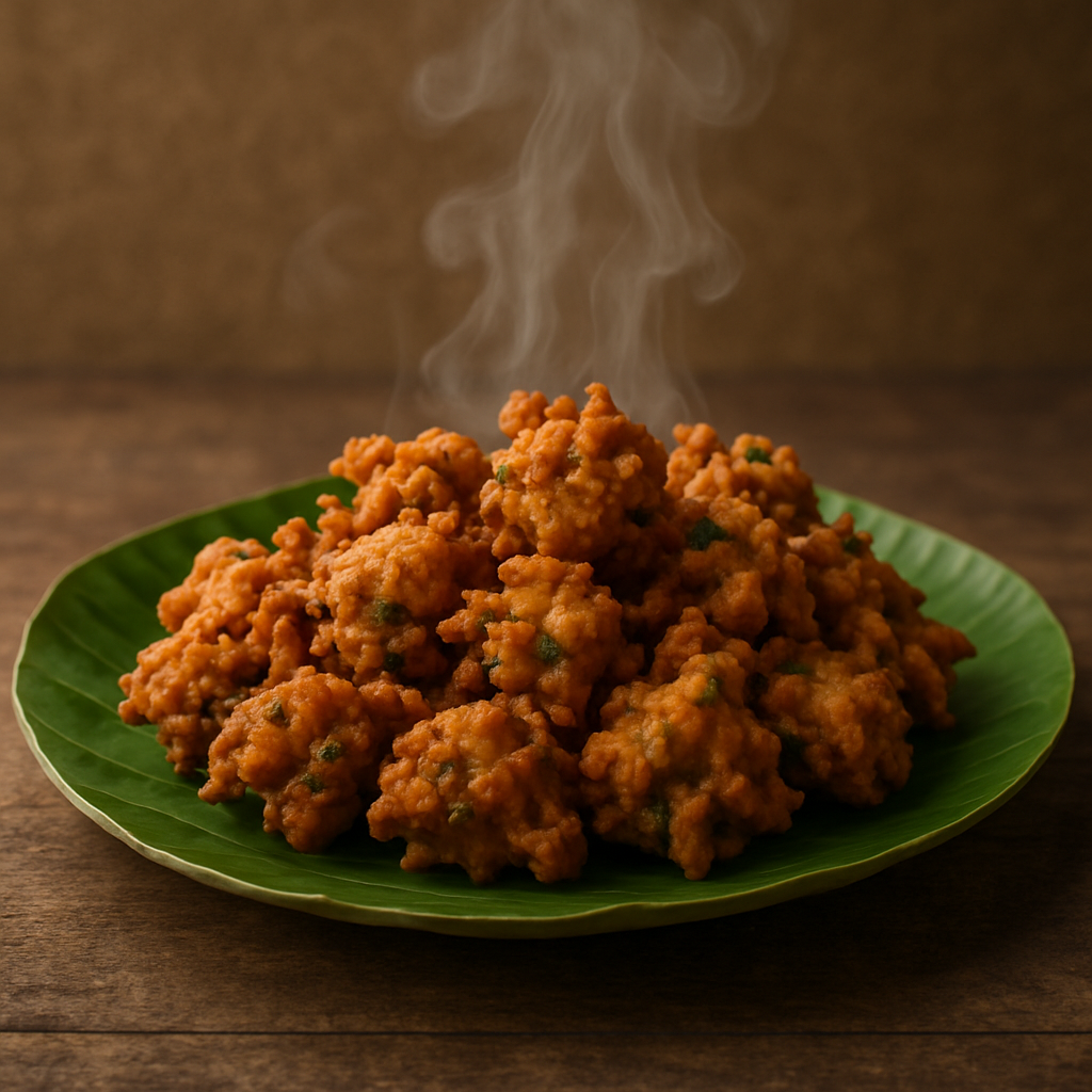 A steaming plate of hot pakoras on a leaf plate, emphasizing heat and freshness.