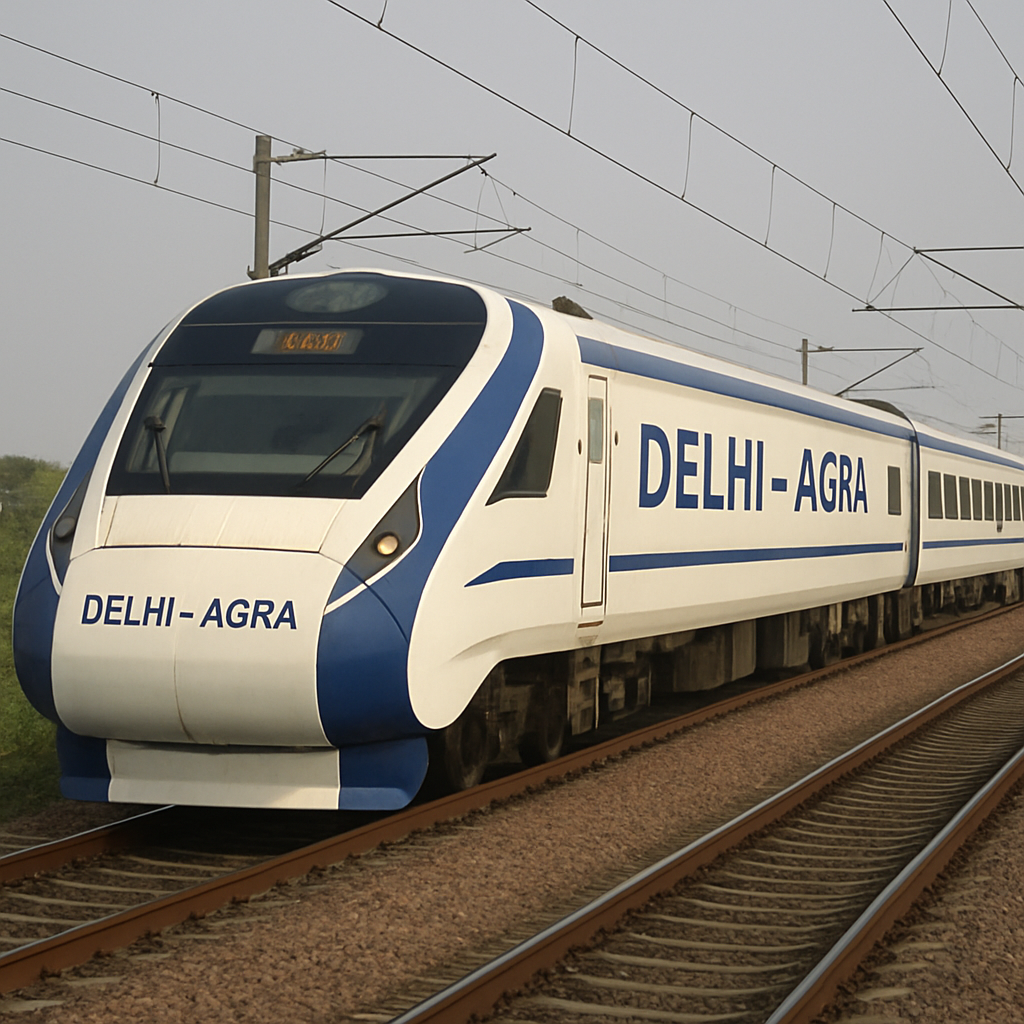 A high-speed Indian train traveling between Delhi and Agra in English