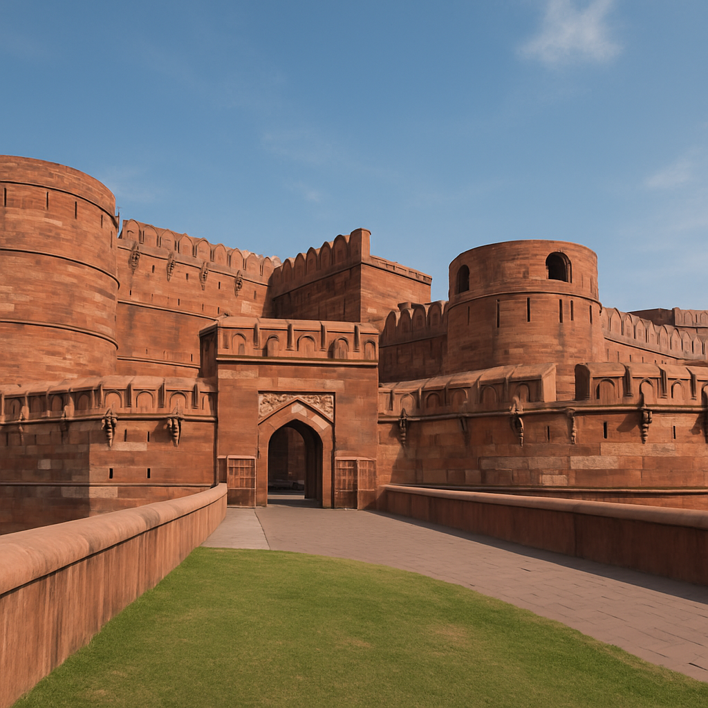Panoramic view of the majestic red sandstone walls of Agra Fort in English