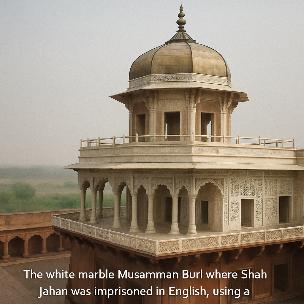 The white marble Muasamman Burj where Shah Jahan was imprisoned in English