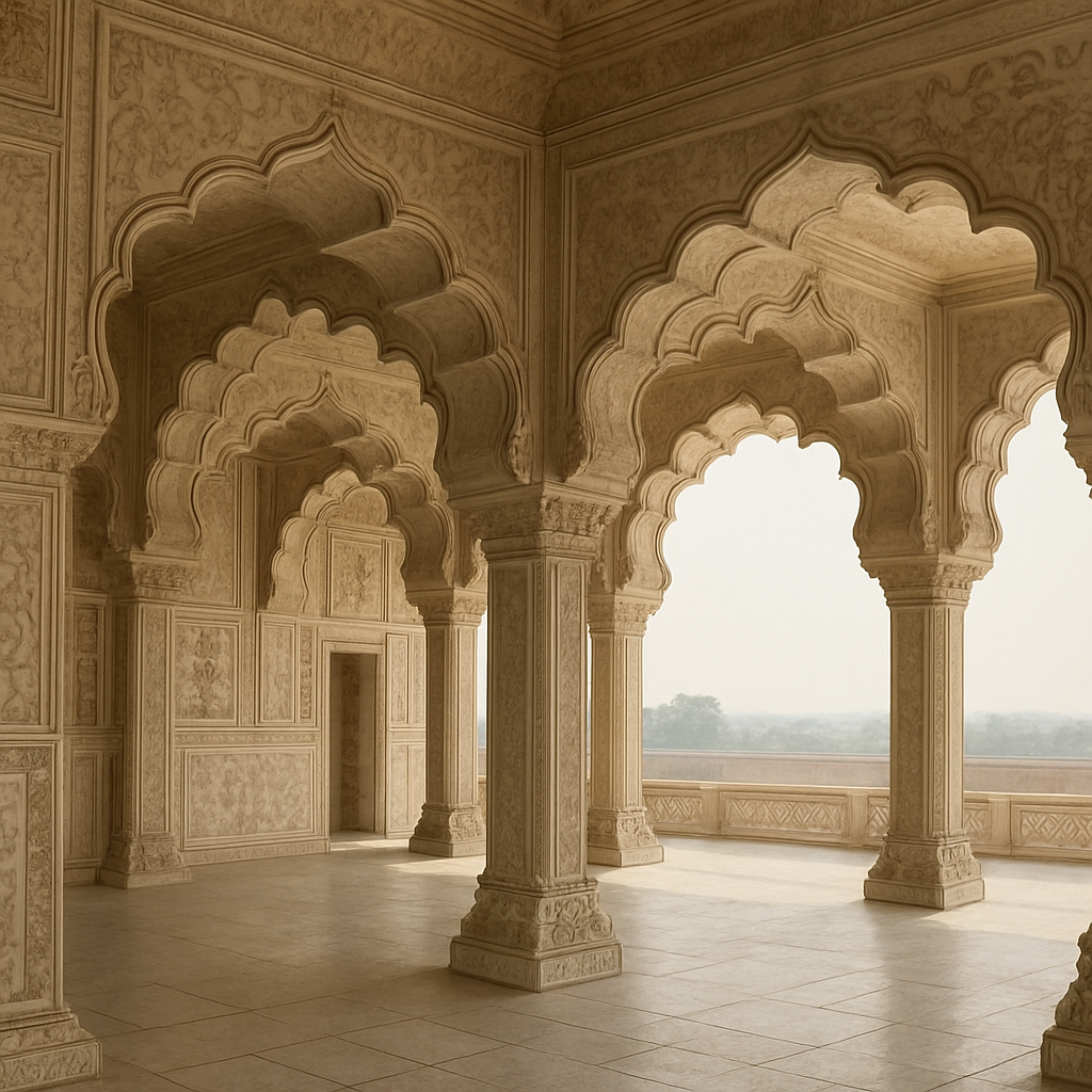 Intricate marble arches of the Diwan-i-Khas in Agra Fort in English