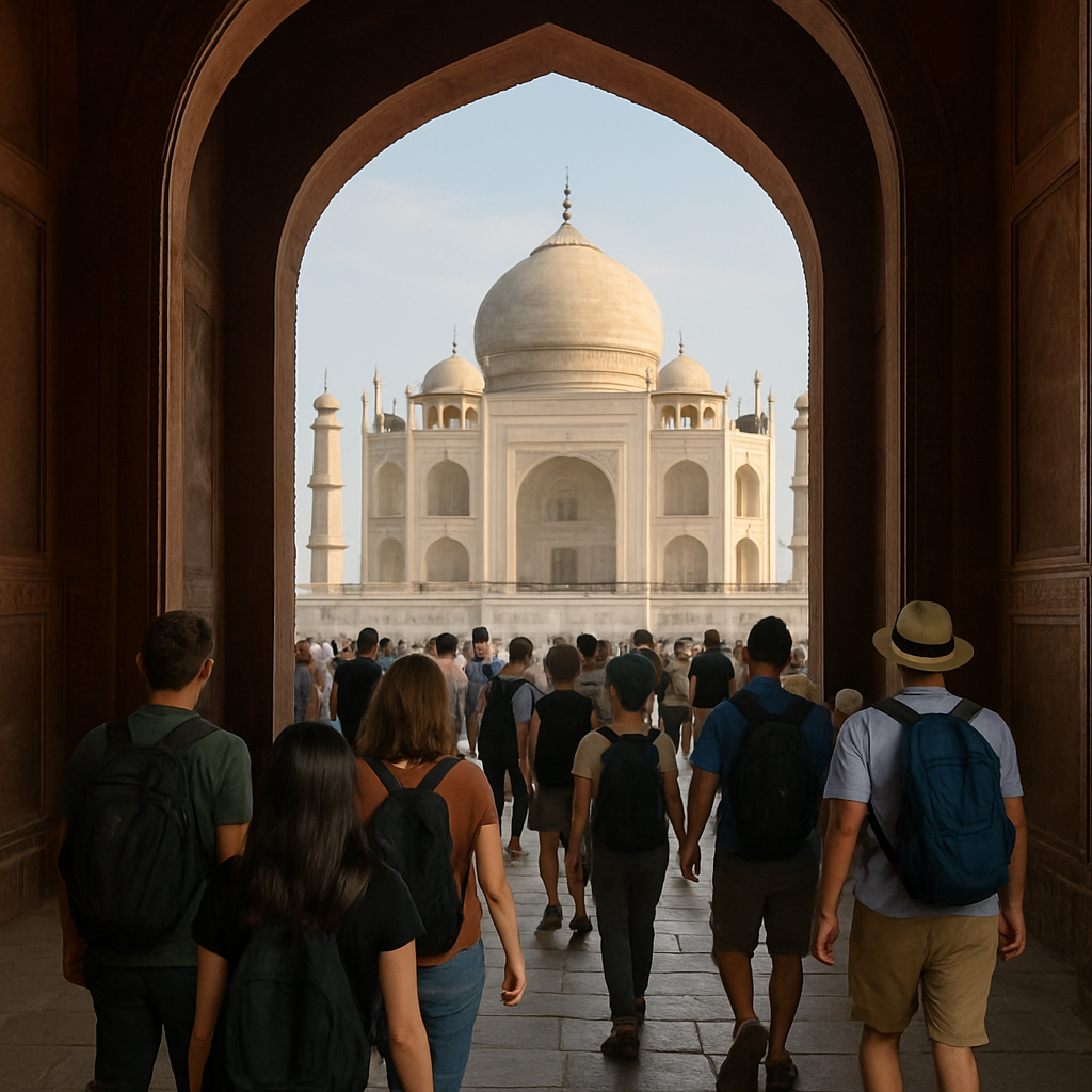 Tourists walking through the main gateway toward the Taj Mahal