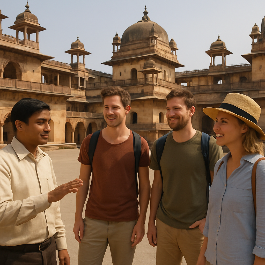 Tourists exploring the Jahangir Mahal courtyards with a guide in English