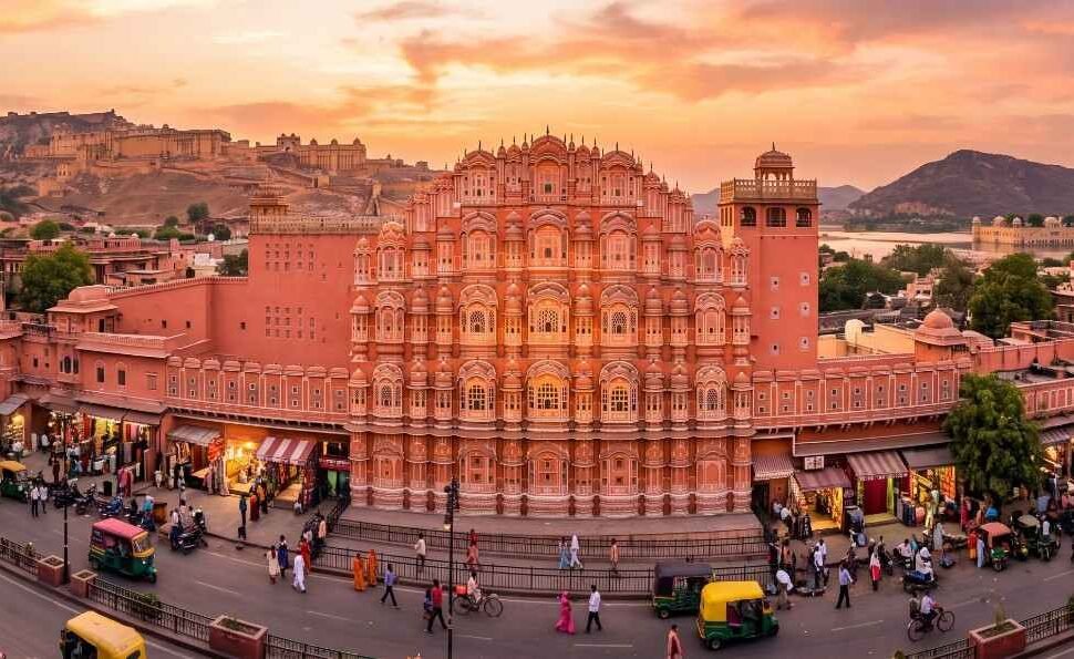 Jaipur Pink City panoramic view with Hawa Mahal and Amber Fort