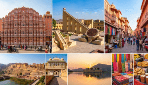 A wall display with the title "EXPLORING THE PINK CITY OF JAIPUR: YOUR ULTIMATE TRAVEL GUIDE" features nine framed photographs. The photos depict major rajasthan tourism and jaipur sightseeing spots including the Hawa Mahal, Jantar Mantar, the local markets of the pink city, Amber Fort, Jal Mahal, and various textiles and street food. The full list of focus keyphrases includes: Pink City, pink city of jaipur, jaipur travel guide, rajasthan tourism, jaipur sightseeing.