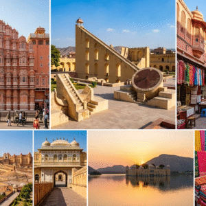 A wall display with the title "EXPLORING THE PINK CITY OF JAIPUR: YOUR ULTIMATE TRAVEL GUIDE" features nine framed photographs. The photos depict major rajasthan tourism and jaipur sightseeing spots including the Hawa Mahal, Jantar Mantar, the local markets of the pink city, Amber Fort, Jal Mahal, and various textiles and street food. The full list of focus keyphrases includes: Pink City, pink city of jaipur, jaipur travel guide, rajasthan tourism, jaipur sightseeing.
