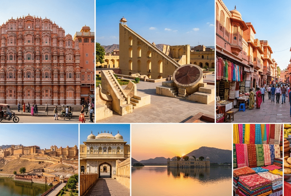 A wall display with the title "EXPLORING THE PINK CITY OF JAIPUR: YOUR ULTIMATE TRAVEL GUIDE" features nine framed photographs. The photos depict major rajasthan tourism and jaipur sightseeing spots including the Hawa Mahal, Jantar Mantar, the local markets of the pink city, Amber Fort, Jal Mahal, and various textiles and street food. The full list of focus keyphrases includes: Pink City, pink city of jaipur, jaipur travel guide, rajasthan tourism, jaipur sightseeing.