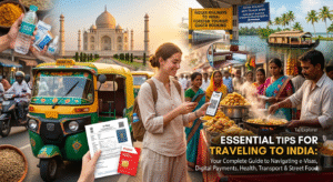 A comprehensive India travel guide collage featuring a traveler navigating diverse India tourism experiences. The image highlights the best time to visit India with visuals of the Taj Mahal and Kerala backwaters, alongside essential tips for traveling to India, including e-visa documentation, UPI digital payments, train travel, and safe street food practices.