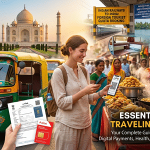 A comprehensive India travel guide collage featuring a traveler navigating diverse India tourism experiences. The image highlights the best time to visit India with visuals of the Taj Mahal and Kerala backwaters, alongside essential tips for traveling to India, including e-visa documentation, UPI digital payments, train travel, and safe street food practices.