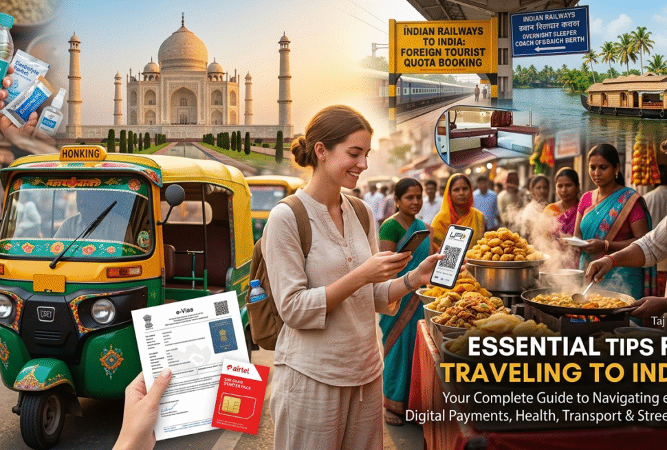 A comprehensive India travel guide collage featuring a traveler navigating diverse India tourism experiences. The image highlights the best time to visit India with visuals of the Taj Mahal and Kerala backwaters, alongside essential tips for traveling to India, including e-visa documentation, UPI digital payments, train travel, and safe street food practices.