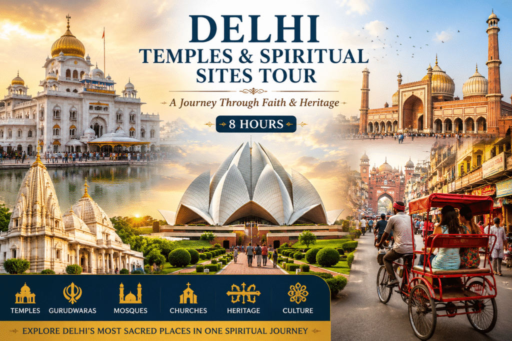 Delhi Temples and Spiritual Sites Tour featuring Lotus Temple, Gurudwara Bangla Sahib, Jama Masjid, Birla Mandir and Chandni Chowk Rickshaw Ride in Delhi