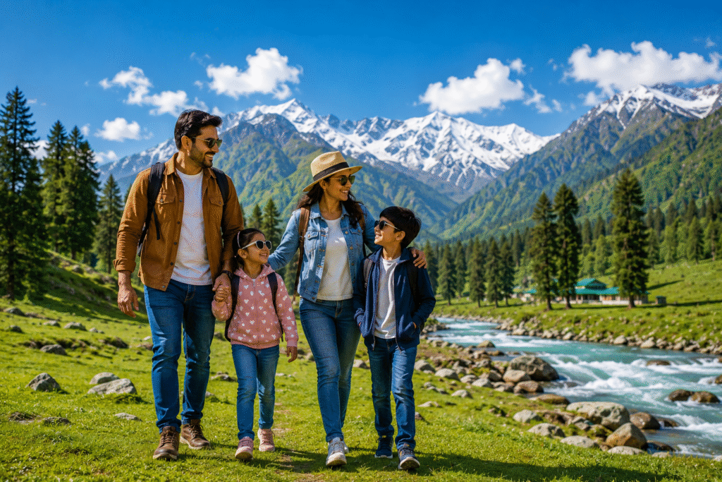 Family enjoying summer vacation places in India with Himalayan mountain scenery
