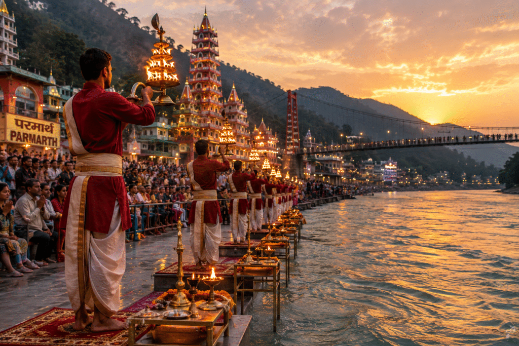 Evening Ganga Aarti at Rishikesh on the banks of the Ganges, a spiritual 2 day trip from Delhi