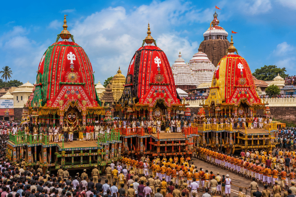 Jagannath Puri Rath Yatra festival with giant wooden chariots and devotees in Odisha