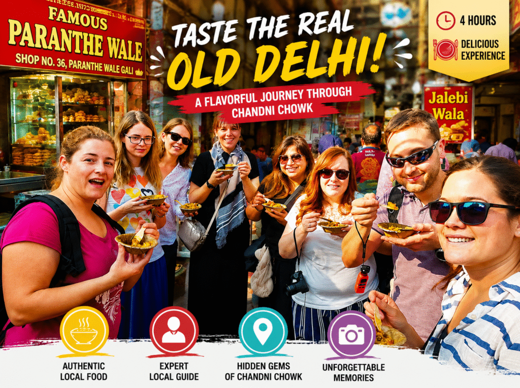 International tourists enjoying authentic street food during the Old Delhi Food Tasting Tour in Chandni Chowk, featuring local delicacies, vibrant markets, and a guided 4-hour culinary experience.