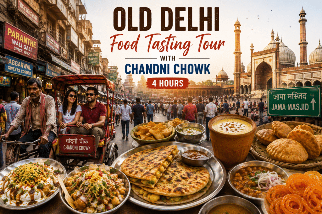 Old Delhi Food Tour featuring Chandni Chowk, Jama Masjid, Khari Baoli Spice Market, and authentic Delhi street food