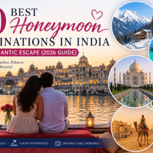 50 Best Honeymoon Destinations in India featuring the Taj Mahal, Udaipur, Kerala backwaters, Kashmir mountains, and luxury romantic travel experiences