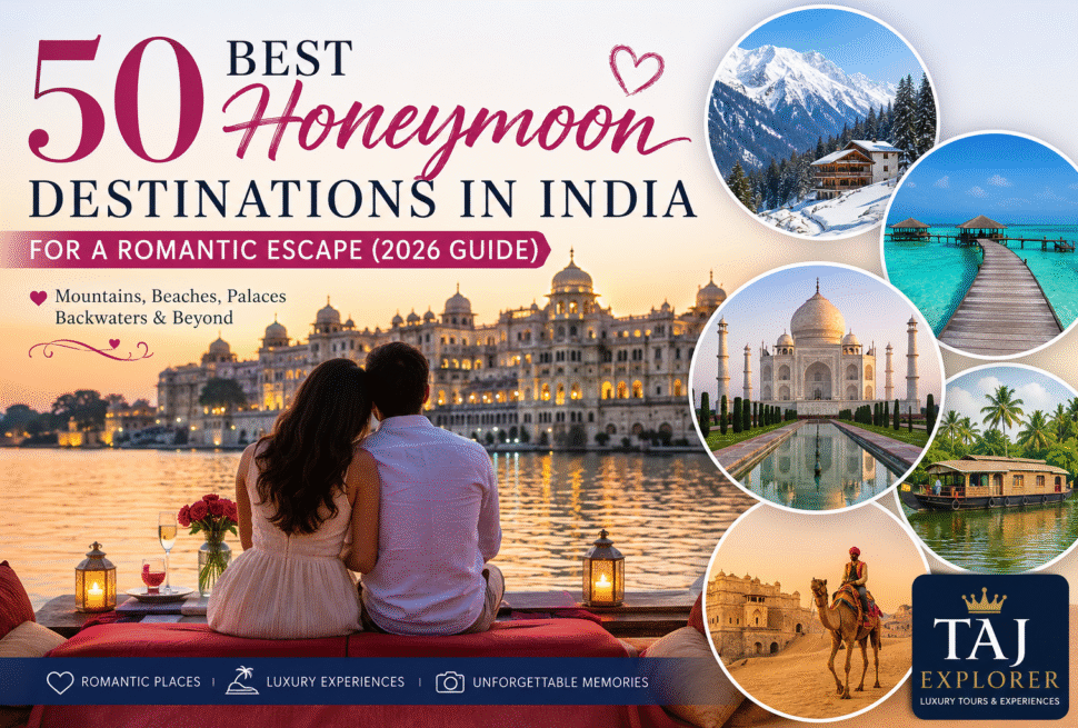 50 Best Honeymoon Destinations in India featuring the Taj Mahal, Udaipur, Kerala backwaters, Kashmir mountains, and luxury romantic travel experiences