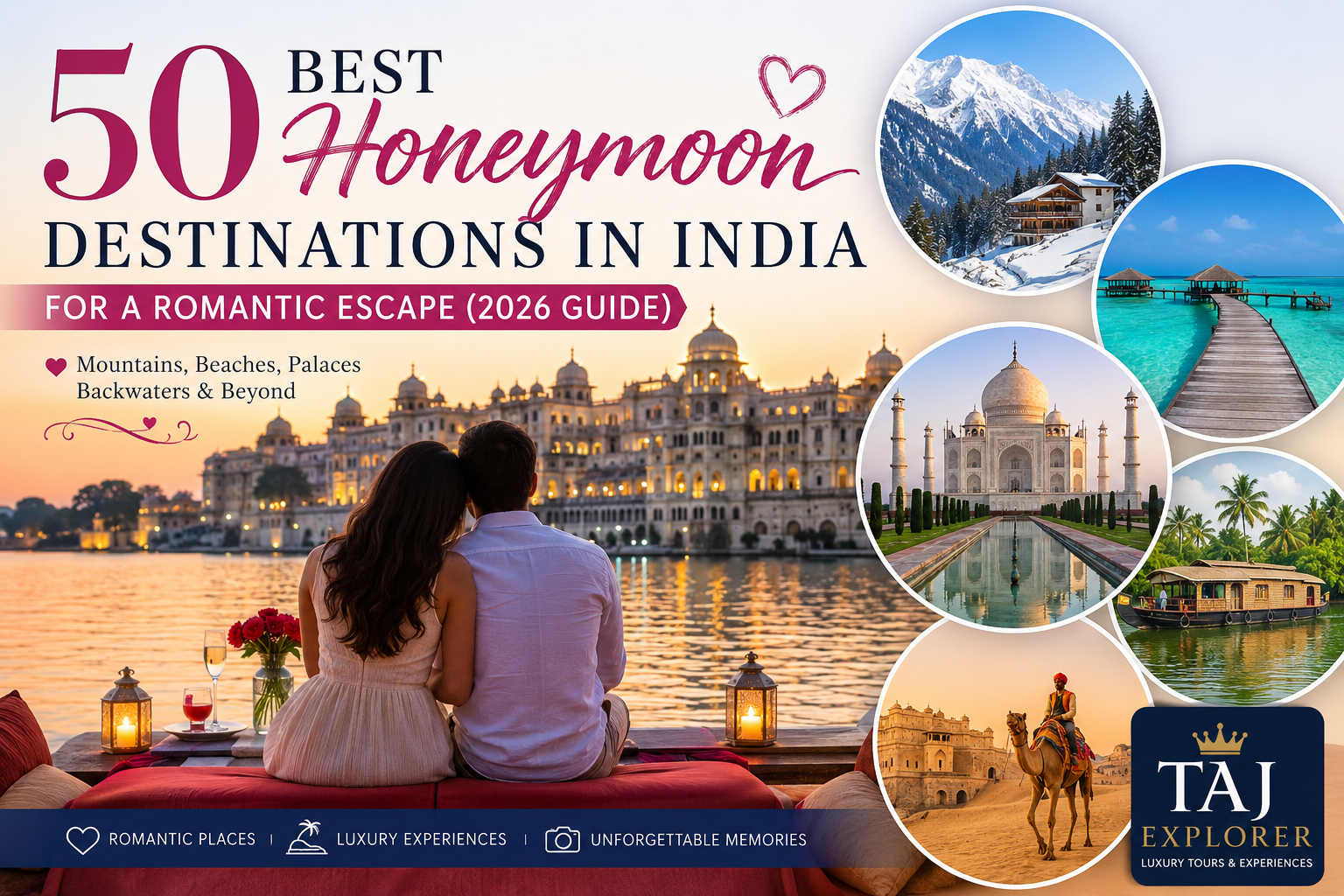 50 Best Honeymoon Destinations in India featuring the Taj Mahal, Udaipur, Kerala backwaters, Kashmir mountains, and luxury romantic travel experiences