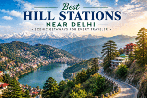 Best hill station near Delhi with scenic nearby hills, Himalayan mountains, lake views, and winding mountain roads