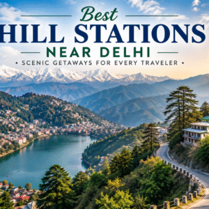 Best hill station near Delhi with scenic nearby hills, Himalayan mountains, lake views, and winding mountain roads