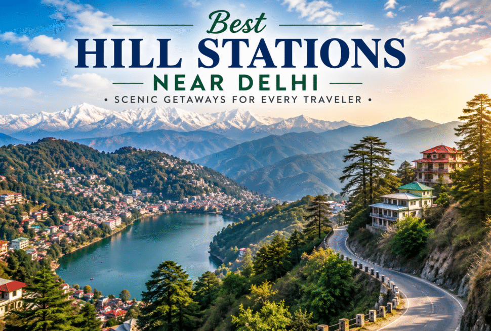 Best hill station near Delhi with scenic nearby hills, Himalayan mountains, lake views, and winding mountain roads