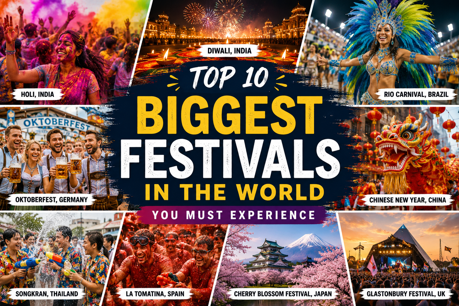 Biggest festival in the world featuring Holi, Diwali, Rio Carnival, Oktoberfest, Chinese New Year and other famous festivals