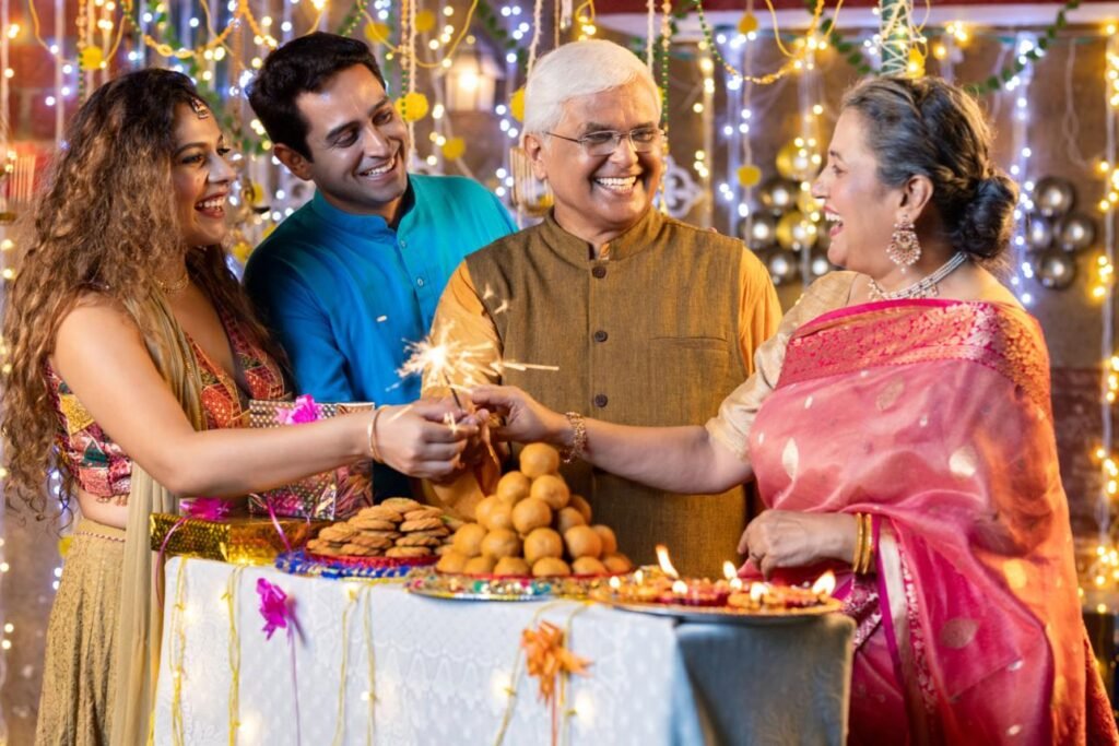 Family celebrating Diwali with sparklers, sweets, and festive lights during India's biggest festival