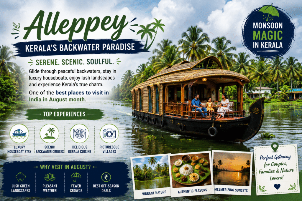 25 Best Places to Visit in India in August Month (2026): Top Monsoon Destinations for an Unforgettable Holiday 5 Luxury houseboat cruising through Alleppey backwaters in Kerala surrounded by lush coconut trees and peaceful waterways – one of the best places to visit in India in August month
