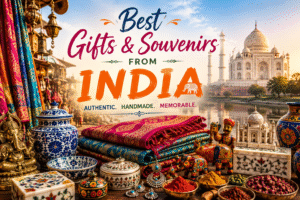 Best gifts and souvenirs from India featuring authentic handicrafts, Pashmina shawls, blue pottery, spices, marble inlay art, and the Taj Mahal.