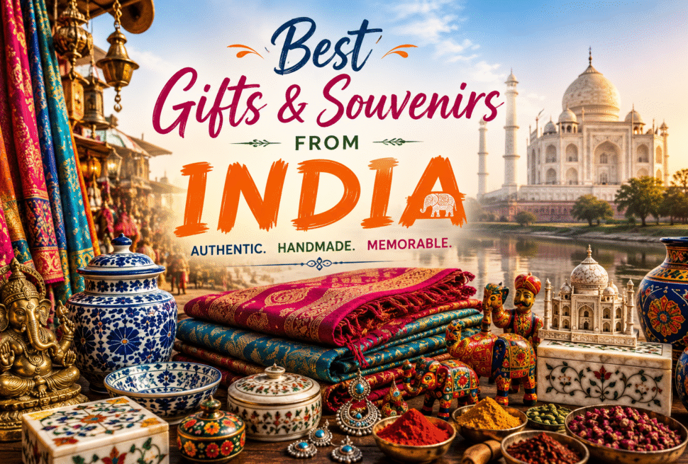 Best gifts and souvenirs from India featuring authentic handicrafts, Pashmina shawls, blue pottery, spices, marble inlay art, and the Taj Mahal.