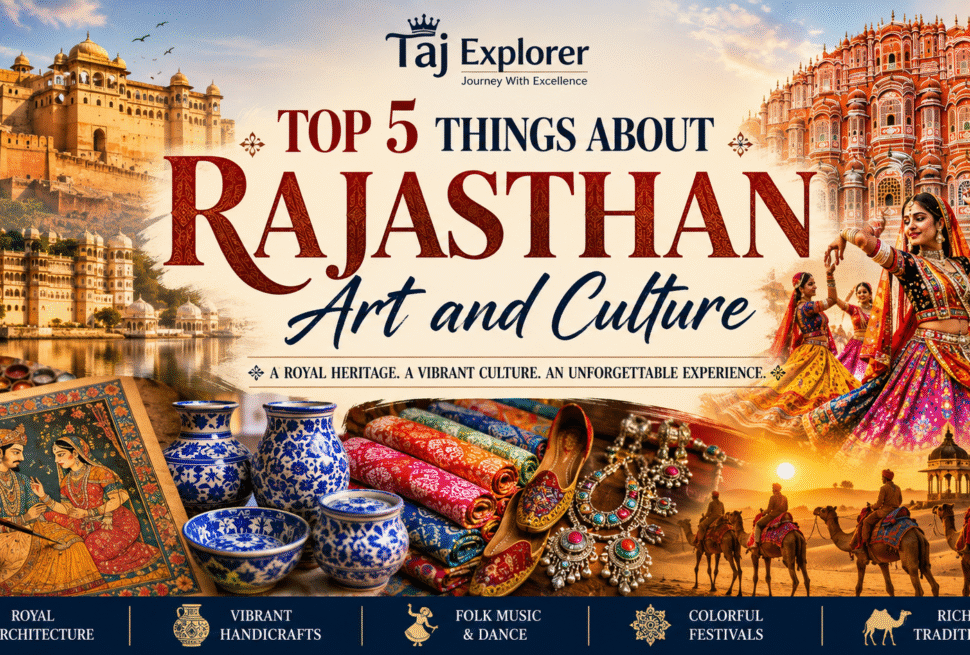 Rajasthan art culture featuring Amber Fort, Hawa Mahal, traditional folk dance, Blue Pottery, handicrafts, and royal heritage with Taj Explorer