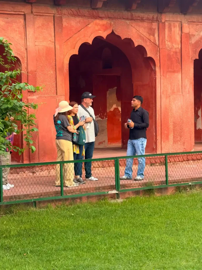 Travellers exploring historic Agra with a private guide during a Classic Rajasthan Tour