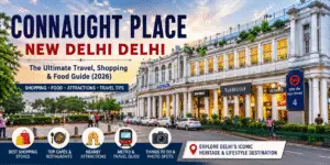 Panoramic view of Connaught Place New Delhi Delhi featuring colonial architecture, shopping streets, Rajiv Chowk Metro, cafés, restaurants, and travel attractions.