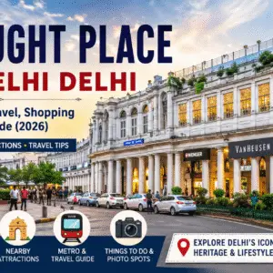 Panoramic view of Connaught Place New Delhi Delhi featuring colonial architecture, shopping streets, Rajiv Chowk Metro, cafés, restaurants, and travel attractions.