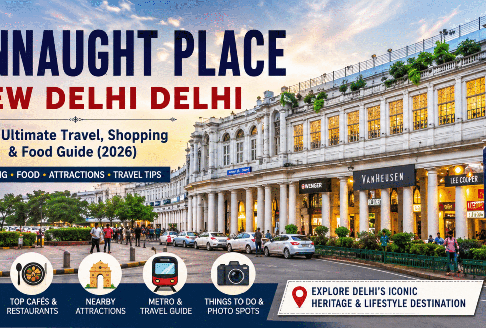 Panoramic view of Connaught Place New Delhi Delhi featuring colonial architecture, shopping streets, Rajiv Chowk Metro, cafés, restaurants, and travel attractions.