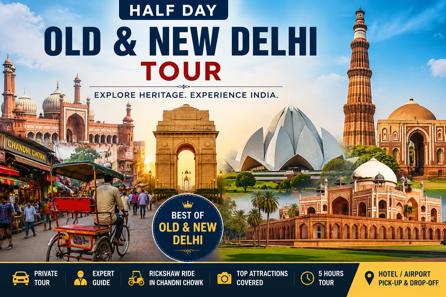 Half Day Old & New Delhi Tour featuring Jama Masjid, Chandni Chowk Rickshaw Ride, India Gate, Qutub Minar, Lotus Temple, and Humayun's Tomb with private guided sightseeing