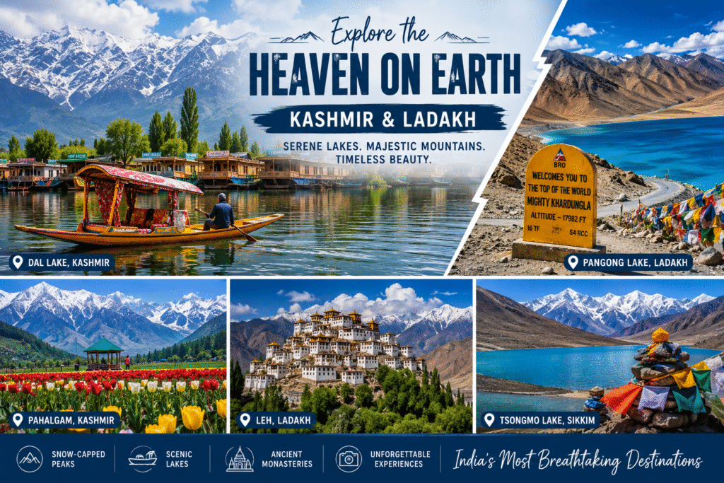 Kashmir and Ladakh among the best places to visit in India with snow-capped mountains, Dal Lake, Pangong Lake, and breathtaking India travel destinations