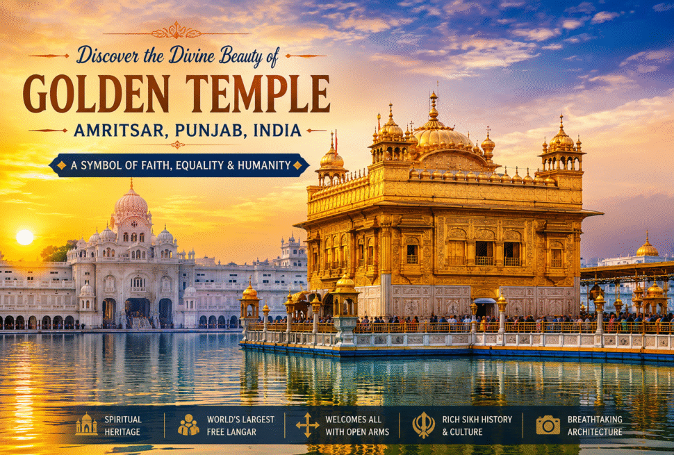 Golden Temple Amritsar Punjab India reflecting in the sacred Amrit Sarovar at sunrise