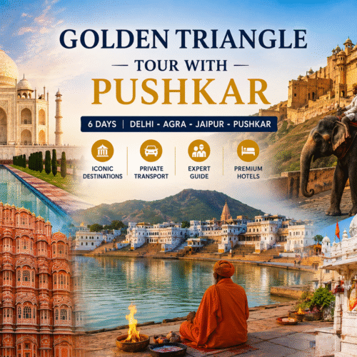 Golden Triangle Tour with Pushkar featuring the Taj Mahal, Amber Fort, Brahma Temple, Pushkar Lake, Hawa Mahal, and a luxury private tour across Delhi, Agra, Jaipur, and Pushkar