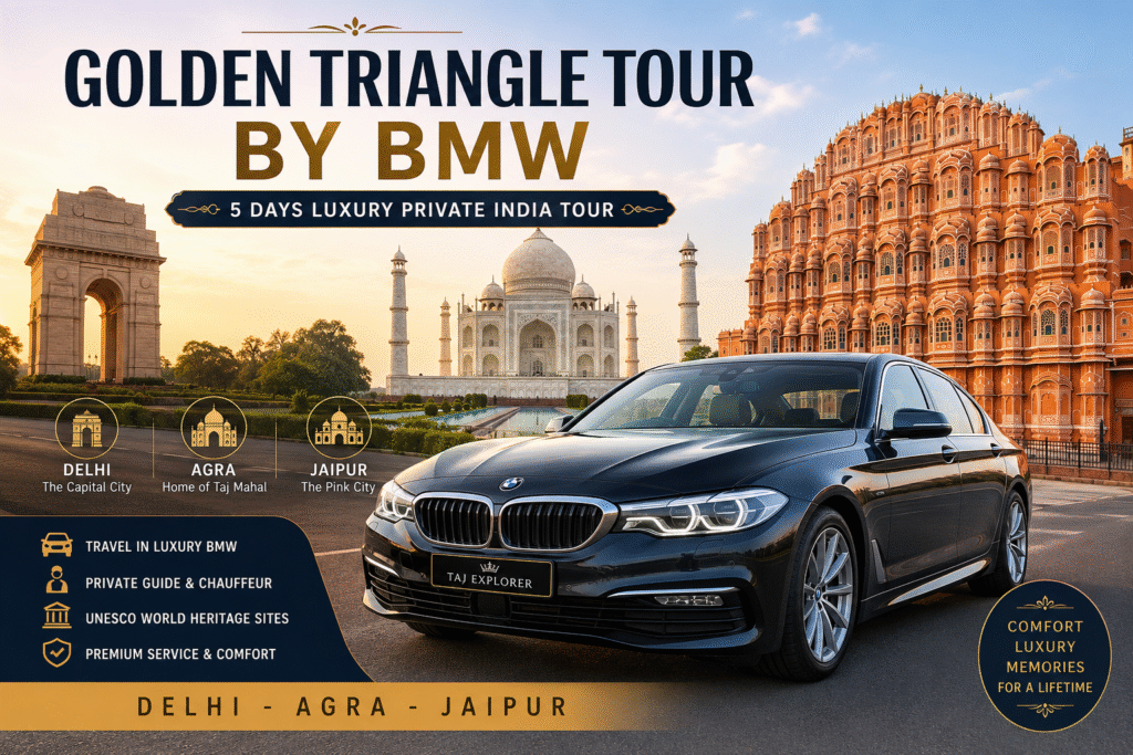 Golden Triangle Tour by BMW featuring the Taj Mahal, India Gate, Hawa Mahal, and a luxury BMW sedan during a private 5-day Golden Triangle Tour India