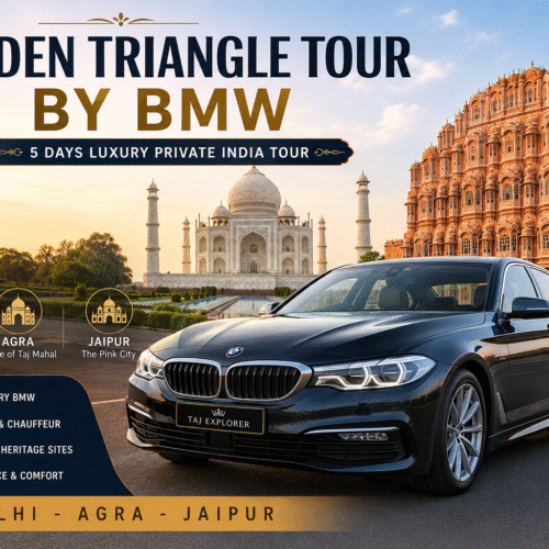 Golden Triangle Tour by BMW featuring the Taj Mahal, India Gate, Hawa Mahal, and a luxury BMW sedan during a private 5-day Golden Triangle Tour India